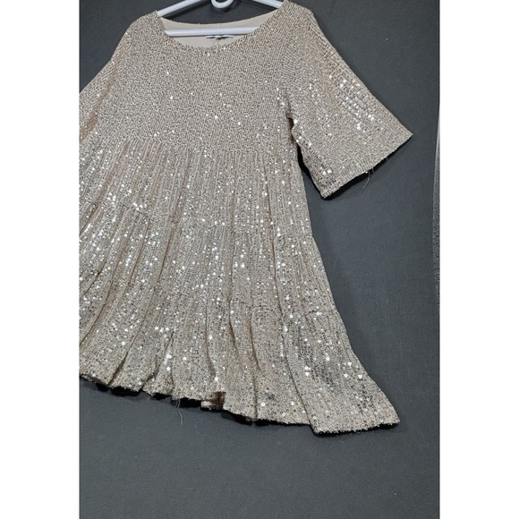 Amazing Lace Women's Sequin Babydoll Dress Size M Champagne Gold Balloon Sleeve - Picture 9 of 16